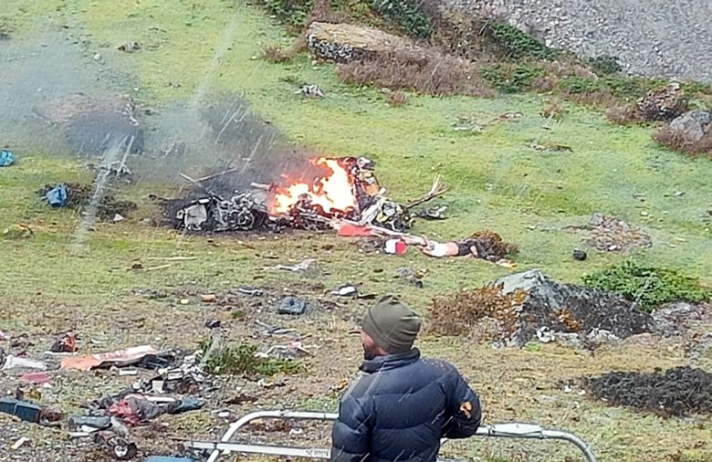 Phata: A helicopter carrying 7 pilgrims of Kedarnath crashes in Phata, Uttarakhand on Tuesday, Oct. 18, 2022. All seven died in the accident. (Photo: Rameshwar Gaur/IANS)