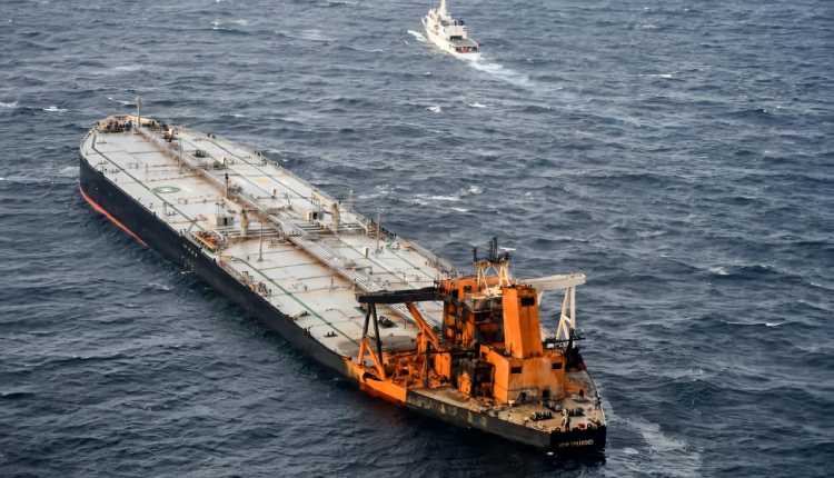 MT New Diamond oil tanker in the seas off Sri Lanka's eastern coast. The Sri Lanka Navy on Wednesday said a fire which had reignited onboard the MT New Diamond oil tanker on Monday has been brought under control and the distressed ship was being towed further away towards safe waters by a tug boat.