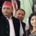Samajwadi Party leader Dimple Yadav with party president and husband Akhilesh Yadav at Parliament House complex during Winter Session, in New Delhi on Monday