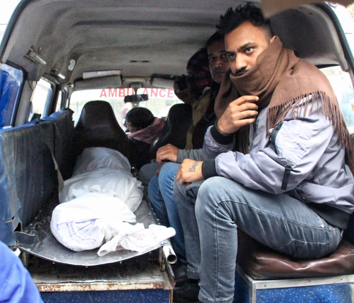 New Delhi: Family members with mortal remains of the deceased woman of Kanjhawala incident, being taken to her residence from the Maulana Azad Medical mortuary in New Delhi on Tuesday, January 03, 2023. (Photo: Anupam Gautam/IANS)