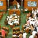 New Delhi: Opposition MPs shout slogans in Lok Sabha during the budget session of Parliament in New Delhi on Tuesday, March 14, 2023. (Photo: Lok Sabha/IANS)