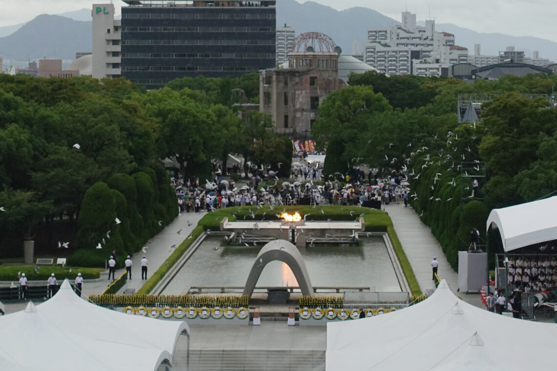 HIROSHIMA, Aug. 6, 2019 (Xinhua) -- People attend an annual memorial ceremony in Hiroshima, Japan, Aug. 6, 2019. Hiroshima, a Japanese city hit by a U.S. atomic bomb at the end of World War II, marked the 74th anniversary of the bombing on Tuesday. (Xinhua/Peng Chun/IANS)