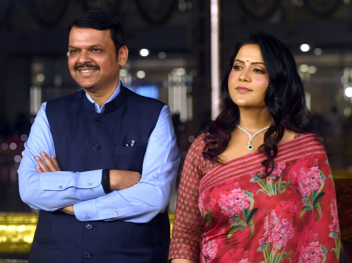 Mumbai : Chief Minister Devendra Fadnavis with his wife Amruta Fadnavis during the opening event of NMACC in Mumbai on Friday, March 31, 2023. (Photo:IANS)