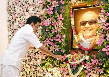 Chennai: Tamil Nadu Chief Minister MK Stalin pays tribute to Kalaignar Karunanidhi on his birth centenary, in Chennai, Saturday, June 3, 2023.  (Photo:IANS/Twitter)