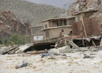 Photo taken on Aug. 15, 2022 shows a building demolished by the flood in Parwan province, Afghanistan. (Photo by Saifurahman Safi/Xinhua/IANS)