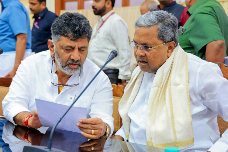 Bengaluru: Chief Minister of Karnataka Siddaramaiah with DCM DK Shivakumar and other party MLAs, MPs, MLCs during an all party meeting on Cauvery and Mahadayi water disputes at Vidhana Soudha, in Bengaluru on Wednesday August 23, 2023. (Photo: IANS)