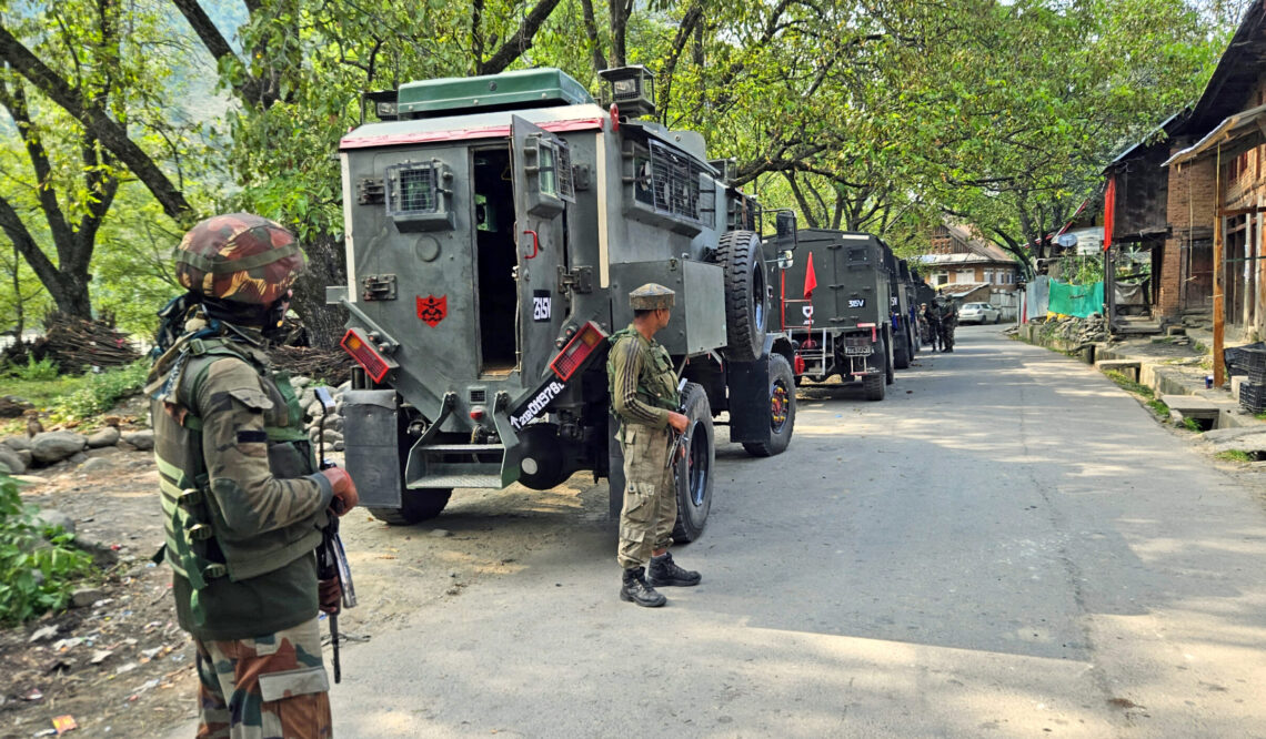 Anantnag: Security personnel stand guard following an an encounter with terrorists at Kokernag Tehsil in Anantnag district, on Wednesday, September 13, 2023. Two security forces officers were injured in the encounter.  (Photo: IANS/Nisar Malik)