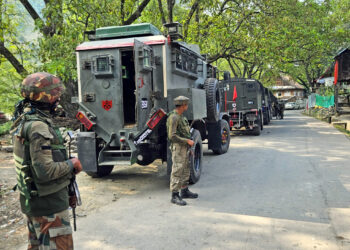 Anantnag: Security personnel stand guard following an an encounter with terrorists at Kokernag Tehsil in Anantnag district, on Wednesday, September 13, 2023. Two security forces officers were injured in the encounter.  (Photo: IANS/Nisar Malik)