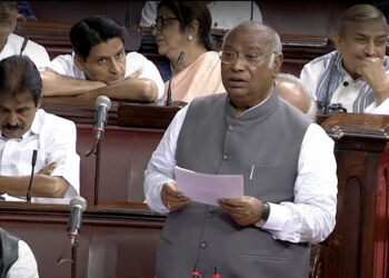 New Delhi: Leader of Opposition in Rajya Sabha Mallikarjun Kharge speaks in the House during a special session of Parliament, in New Delhi, Monday, September 18, 2023. (Photo: IANS/Sansad TV)