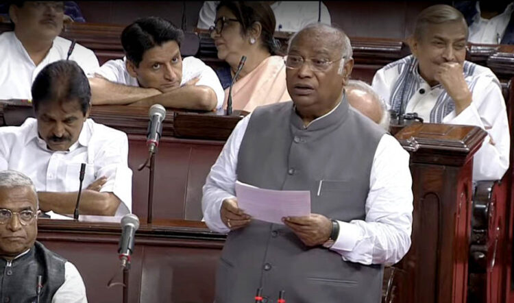 New Delhi: Leader of Opposition in Rajya Sabha Mallikarjun Kharge speaks in the House during a special session of Parliament, in New Delhi, Monday, September 18, 2023. (Photo: IANS/Sansad TV)