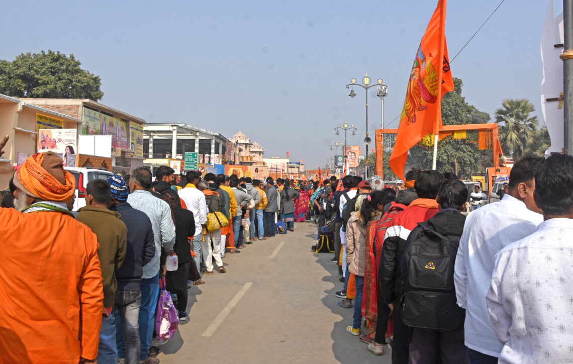 Ayodhya: Devotees stand in a queue to offer prayers at the Ram temple, in Ayodhya, Tuesday, Jan. 23, 2024. The doors of the Ram temple opened to the general public on Tuesday, a day after the consecration of the new Ram Lalla idol. (IANS/Phool Chandra)