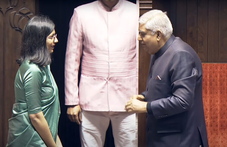 New Delhi: AAP leader Swati Maliwal takes oath as a member of the Rajya Sabha on the first day of the Budget session of Parliament