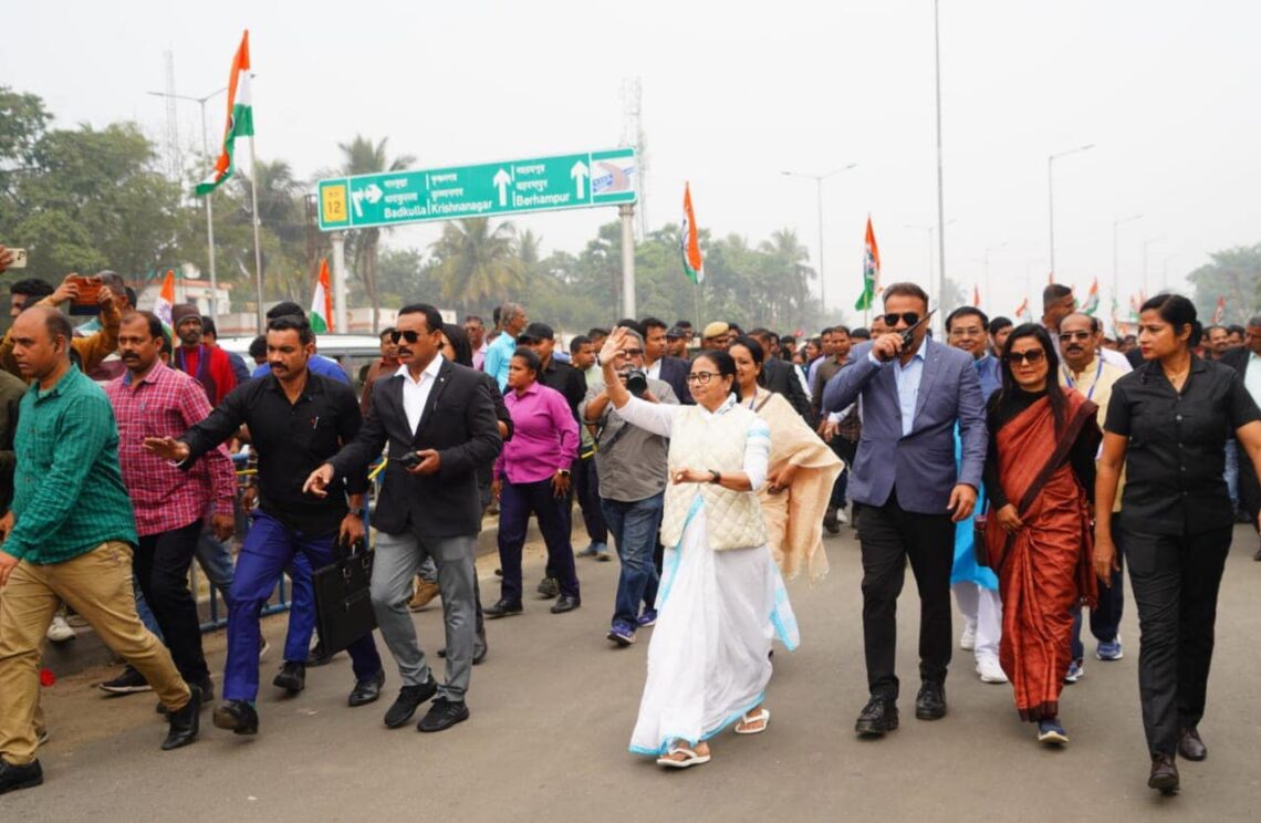 Krishnanagar : West Bengal Chief Minister Mamata Banerjee take part in a road-show in Krishnanagar on Thursday, Feb 01, 2024. (Photo: IANS)