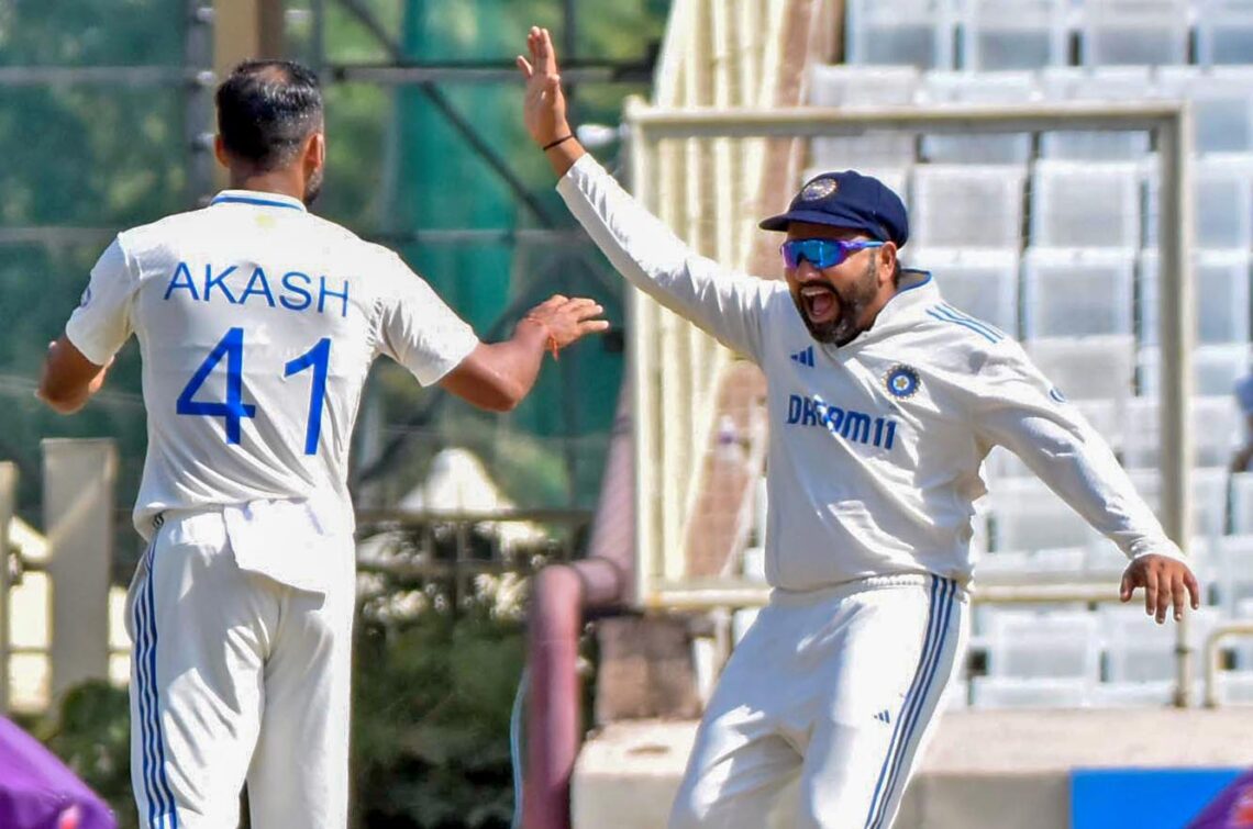 Ranchi: Indias cricket team captain Rohit Sharma with Akash Deep celebrates the wicket of Englands Ben Duckett on the first day of Fourth Test Cricket Match between India and England at Jharkhand State Cricket Association (JSCA) International Stadium Complex in Ranchi, Jharkhand on Friday, February 23, 2024.(IANS/Rajesh Kumar)