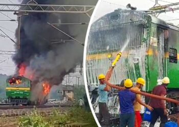 Train engine catches fire