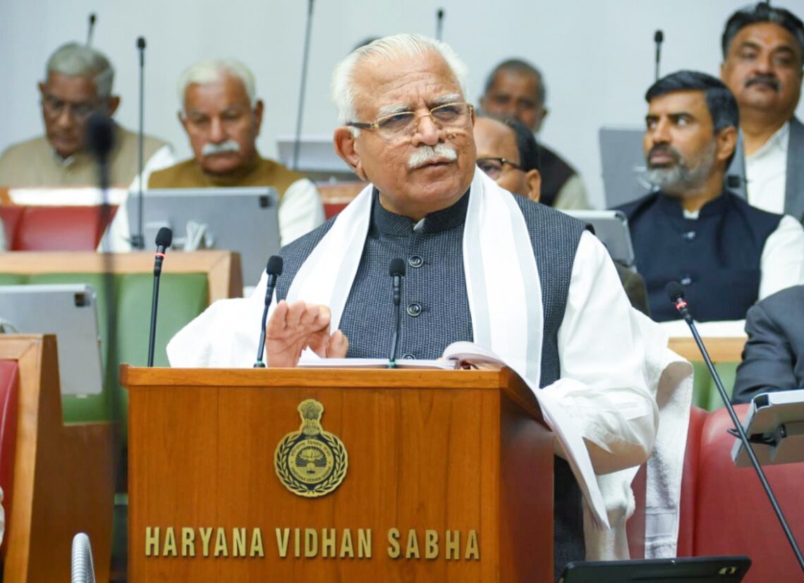 Chandigarh: Haryana Chief Minister Manohar Lal Khattar speaks during the presention of the State Budget in the Assembly, Chandigarh on Friday, Feb. 23, 2024.(IANS/CMO)