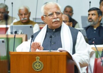 Chandigarh: Haryana Chief Minister Manohar Lal Khattar speaks during the presention of the State Budget in the Assembly, Chandigarh on Friday, Feb. 23, 2024.(IANS/CMO)