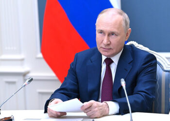 Moscow : Russian President Vladimir Putin attends a meeting of the Shanghai Cooperation Organisation (SCO) Heads of State Council via a video conference at the Kremlin in Moscow, Russia on Tuesday, July 04, 2023.(Photo:IANS/Kremlin)