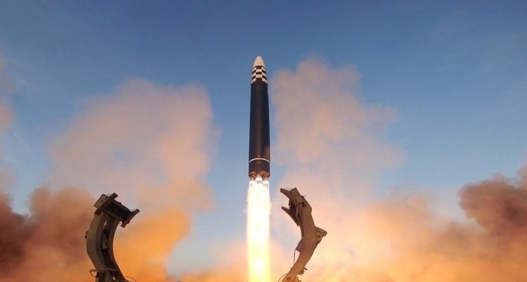 This photo, carried by North Korea's official Korean Central News Agency (KCNA) on March 17, 2023, shows the North firing a Hwasong-17 intercontinental ballistic missile from the Sunan area in Pyongyang the previous day.(Yonhap/IANS)