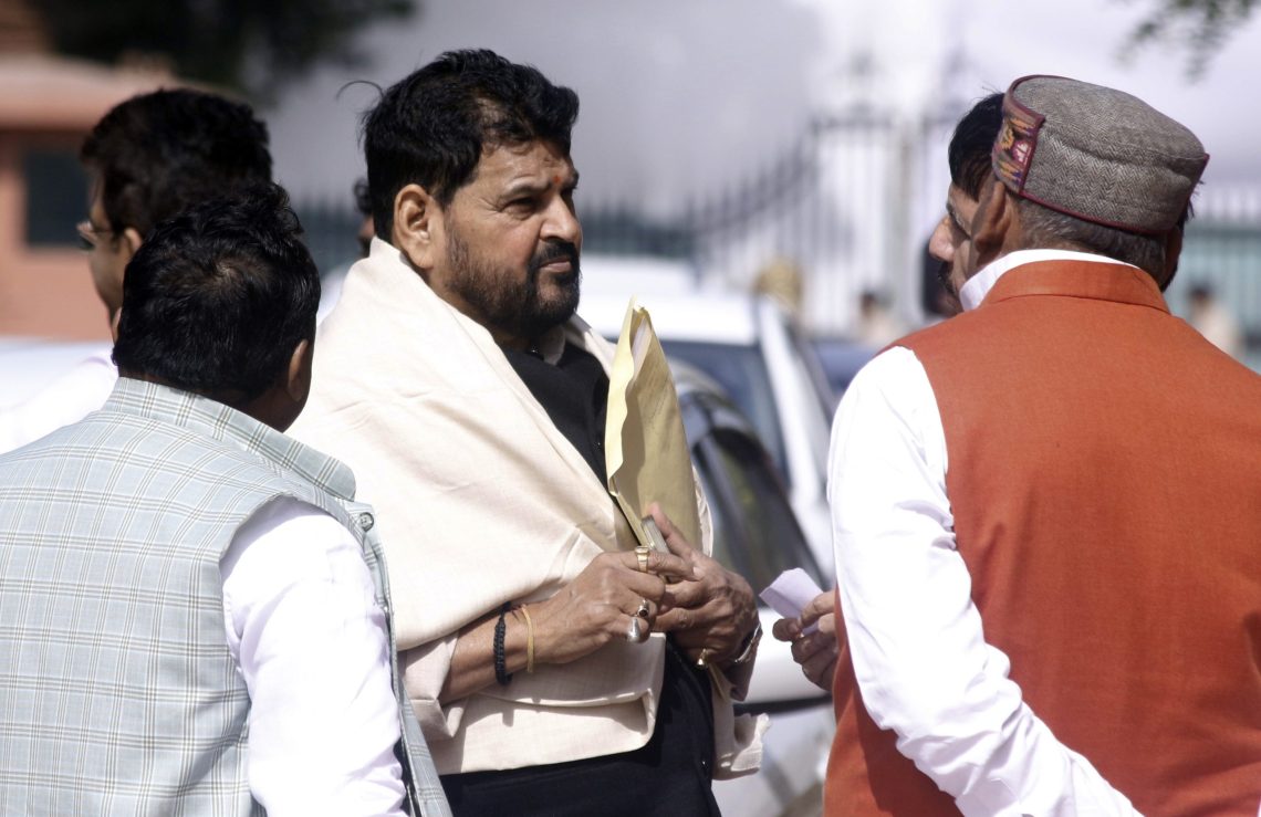 New Delhi: Lok Sabha MP Brij Bhushan Sharan Singh  at Parliament House complex during the Budget session, in New Delhi, Thursday, Feb. 8, 2024.(IANS/Qamar Sibtain)