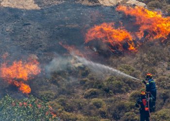 (240702) -- BEIJING, July 2, 2024 (Xinhua) -- Firefighters try to put out a fire in the forest at Keratea, southeast of Athens, Greece, June 30, 2024.
  Since the start of the wildfire season on May 1, firefighters are called to handle dozens of wildfires every day across the country. (Xinhua/Marios Lolos)