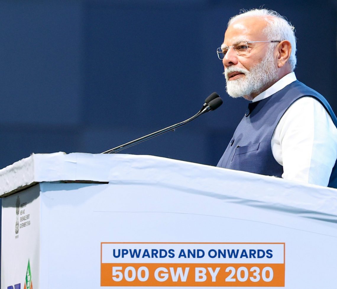 Gandhinagar: Prime Minister Narendra Modi addresses during the inauguration of  4th Global Re-lnvest Renewable Energy Investors' Meet in Gandhinagar, Gujarat on Monday September 16, 2024. (Photo: IANS)