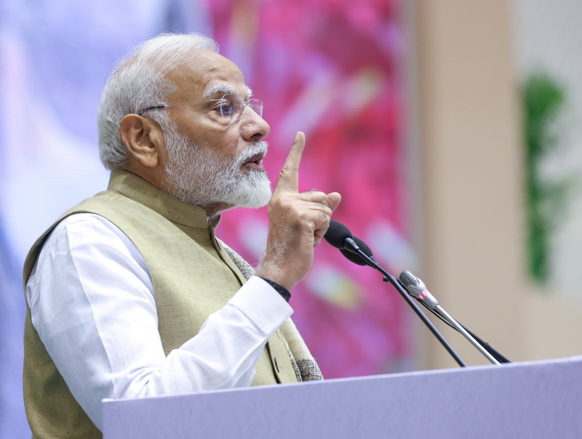 New Delhi: Prime Minister Narendra Modi speaks at the launch and foundation stone laying ceremony of various projects during the 10th anniversary of the Swachh Bharat Mission at Vigyan Bhavan in New Delhi. (Photo: IANS)