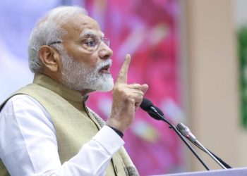 New Delhi: Prime Minister Narendra Modi speaks at the launch and foundation stone laying ceremony of various projects during the 10th anniversary of the Swachh Bharat Mission at Vigyan Bhavan in New Delhi. (Photo: IANS)