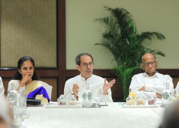 Mumbai: Nationalist Congress Party (NCP) chief Sharad Pawar chairs a meeting with various trade unions in Mumbai on Sunday, October 13, 2024. NCP (SP) Working President Supriya Sule and Shiv Sena (UBT) President Uddhav Thackeray are also present. (Photo: IANS)