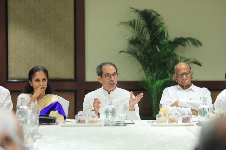 Mumbai: Nationalist Congress Party (NCP) chief Sharad Pawar chairs a meeting with various trade unions in Mumbai on Sunday, October 13, 2024. NCP (SP) Working President Supriya Sule and Shiv Sena (UBT) President Uddhav Thackeray are also present. (Photo: IANS)