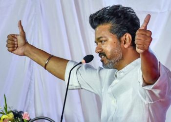 Chennai: Tamil superstar Thalapathy Vijay at the flag unveiling ceremony of his newly-founded political party, Tamilaga Vettri Kazhagam (TVK) at the party headquarters in Panaiyur, Chennai on Thursday, August 22, 2024.(IANS/R Parthibhan)