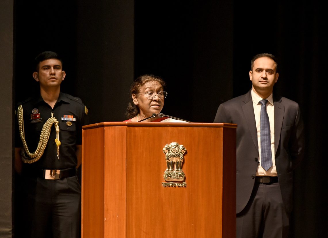 The President of India, Smt. Droupadi Murmu addressing at the release of three publications of the Supreme Court of India at Rashtrapati Bhavan, in New Delhi on November 05, 2024.