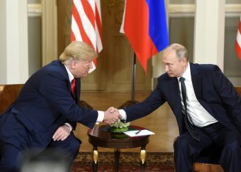 HELSINKI, July 16, 2018 (Xinhua) -- U.S. President Donald Trump (L) shakes hands with his Russian counterpart Vladimir Putin in Helsinki, Finland, on July 16, 2018. U.S. President Donald Trump and his Russian counterpart Vladimir Putin started their first bilateral meeting here on Monday, and they are expected to discuss a wide range of issues. (Xinhua/Lehtikuva/Heikki Saukkomaa/IANS)