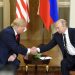 HELSINKI, July 16, 2018 (Xinhua) -- U.S. President Donald Trump (L) shakes hands with his Russian counterpart Vladimir Putin in Helsinki, Finland, on July 16, 2018. U.S. President Donald Trump and his Russian counterpart Vladimir Putin started their first bilateral meeting here on Monday, and they are expected to discuss a wide range of issues. (Xinhua/Lehtikuva/Heikki Saukkomaa/IANS)