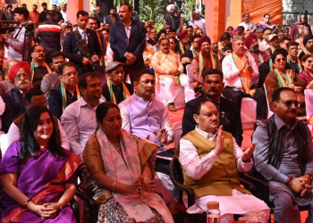 New Delhi: Union Minister and BJP President JP Nadda, Delhi Chief Minister Rekha Gupta, BJP Delhi President Virender Sachdeva, and BJP MP Bansuri Swaraj watch PM Modi's 'Mann Ki Baat' program at Sanatan Dharm Mandir Park, Narayana Vihar, on Sunday, February 23, 2025.(IANS)