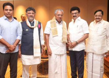 Chennai: Tamil Nadu Chief Minister MK Stalin meets Kerala Chief Minister Pinarayi Vijayan, Karnataka Deputy Chief Minister DK Shivakumar and BRS leader KT Rama Rao ahead of the Joint Action Committee (JAC) meeting in Chennai on Saturday, March 22, 2025. (Photo: IANS)