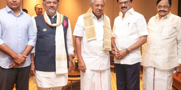 Chennai: Tamil Nadu Chief Minister MK Stalin meets Kerala Chief Minister Pinarayi Vijayan, Karnataka Deputy Chief Minister DK Shivakumar and BRS leader KT Rama Rao ahead of the Joint Action Committee (JAC) meeting in Chennai on Saturday, March 22, 2025. (Photo: IANS)