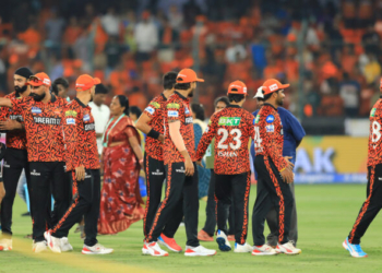 Hyderabad: Sunrisers Hyderabad players walk off the field after their victory over Rajasthan Royals in the Indian Premier League (IPL) cricket match at Rajiv Gandhi International Stadium in Hyderabad on Sunday, March 23, 2025. (Photo: IANS/Suresh Kumar)