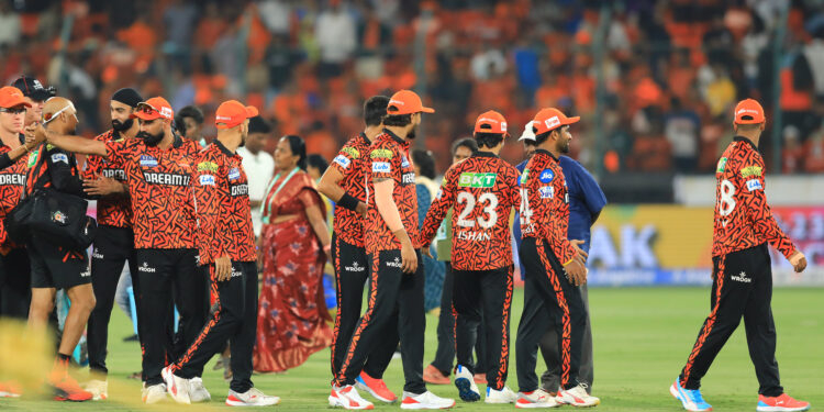 Hyderabad: Sunrisers Hyderabad players walk off the field after their victory over Rajasthan Royals in the Indian Premier League (IPL) cricket match at Rajiv Gandhi International Stadium in Hyderabad on Sunday, March 23, 2025. (Photo: IANS/Suresh Kumar)