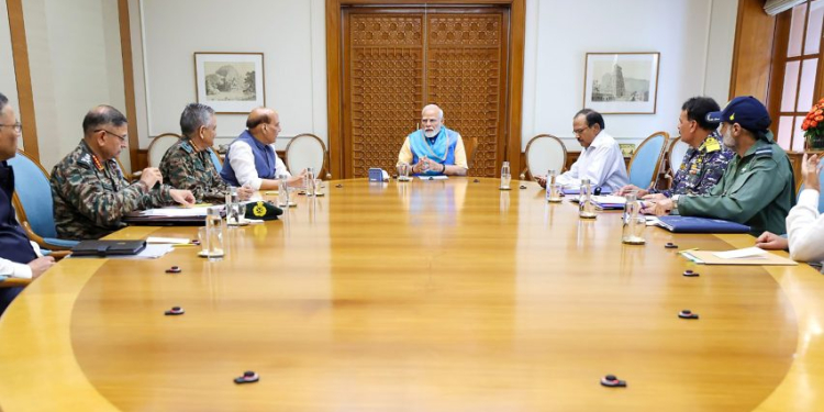 New Delhi: Prime Minister Narendra Modi chairs a high-level security meeting at his residence to review the national security situation amid rising tensions between India and Pakistan in New Delhi, Saturday, May 10, 2025. (Photo: IANS)