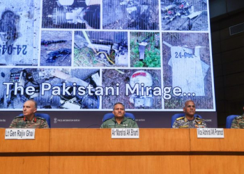 New Delhi: Lieutenant General Rajiv Ghai, Air Marshal AK Bharti, Vice Admiral A. N. Pramod and Major General SS Sharda during a press briefing on 'Operation Sindoor' in New Delhi, Monday, May 12, 2025. (Photo: IANS/Prem Nath Pandey)