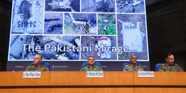 New Delhi: Lieutenant General Rajiv Ghai, Air Marshal AK Bharti, Vice Admiral A. N. Pramod and Major General SS Sharda during a press briefing on 'Operation Sindoor' in New Delhi, Monday, May 12, 2025. (Photo: IANS/Prem Nath Pandey)