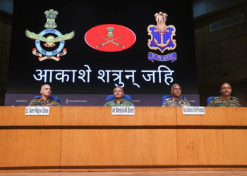 New Delhi: Lieutenant General Rajiv Ghai, Air Marshal AK Bharti, Vice Admiral A. N. Pramod and Major General SS Sharda during a press briefing on 'Operation Sindoor' in New Delhi, Monday, May 12, 2025. (Photo: IANS/Prem Nath Pandey)