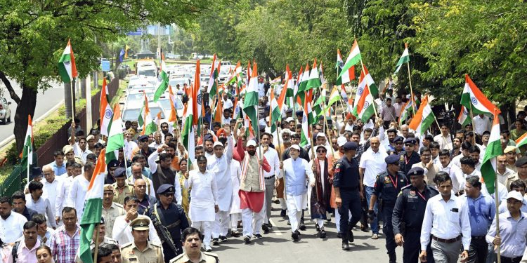 Panchkula: Haryana Chief Minister Nayab Singh Saini participates in the "Tiranga Yatra" in Panchkula on Tuesday, May 13, 2025. (Photo: IANS)