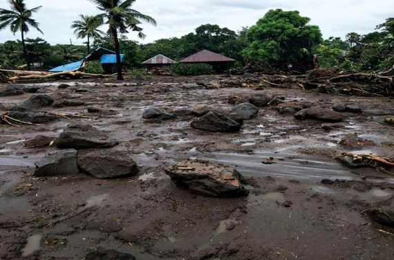 Photo taken on April 4, 2021 shows the damage of flash flood and landslide in East Nusa Tenggara, Indonesia. (BNPB/Handout via Xinhua)