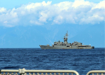 Photo taken on Aug. 5, 2022 shows a Taiwan military vessel as seen from a warship of the navy of the Eastern Theater Command of the Chinese People's Liberation Army (PLA) during the navy's combat exercises and training in the waters around the Taiwan Island. The Eastern Theater Command on Friday continued joint combat exercises and training in the waters and airspace around the Taiwan Island. (Photo by Lin Jian/Xinhua/IANS)