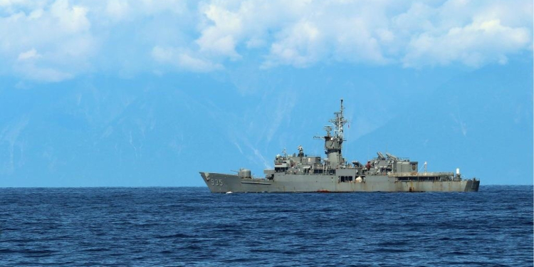 Photo taken on Aug. 5, 2022 shows a Taiwan military vessel as seen from a warship of the navy of the Eastern Theater Command of the Chinese People's Liberation Army (PLA) during the navy's combat exercises and training in the waters around the Taiwan Island. The Eastern Theater Command on Friday continued joint combat exercises and training in the waters and airspace around the Taiwan Island. (Photo by Lin Jian/Xinhua/IANS)