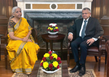 New Delhi: Pension Fund Regulatory and Development Authority (PFRDA) Chairman Deepak Mohanty calls on Union Finance Minister Nirmala Sitharaman in New Delhi. (Photo: IANS)