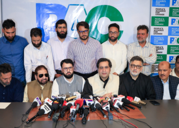 Srinagar: Jammu and Kashmir People's Conference President and MLA Handwara, Sajad Lone, along with other leaders, addresses a press conference in Srinagar on Monday, June 30, 2025. (Photo: IANS)