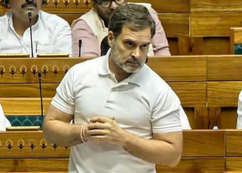 New Delhi: Leader of the Opposition Rahul Gandhi speaks in the Lok Sabha during the Budget session of the Parliament in New Delhi on Monday, February 3, 2025. (Photo: IANS/Sansad TV)